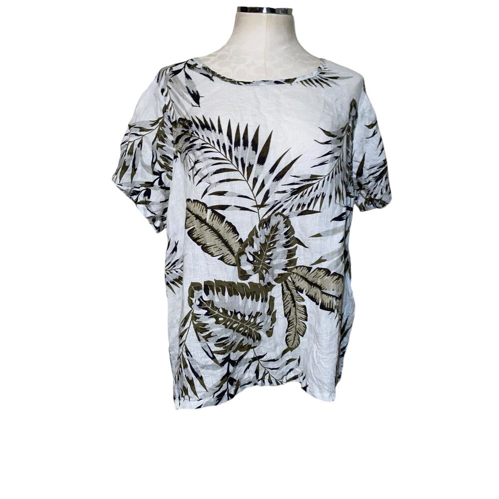 C&C California White Tropical Leaf Print Linen Short Sleeve Blouse Plus Size 1X